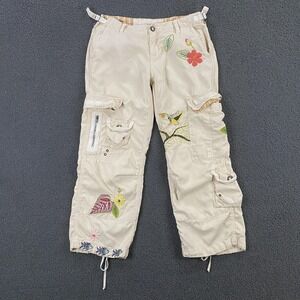 DA-NANG Pants Womens XS Cargo Embroidered Bird Floral Crop Capri Vintage Y2K